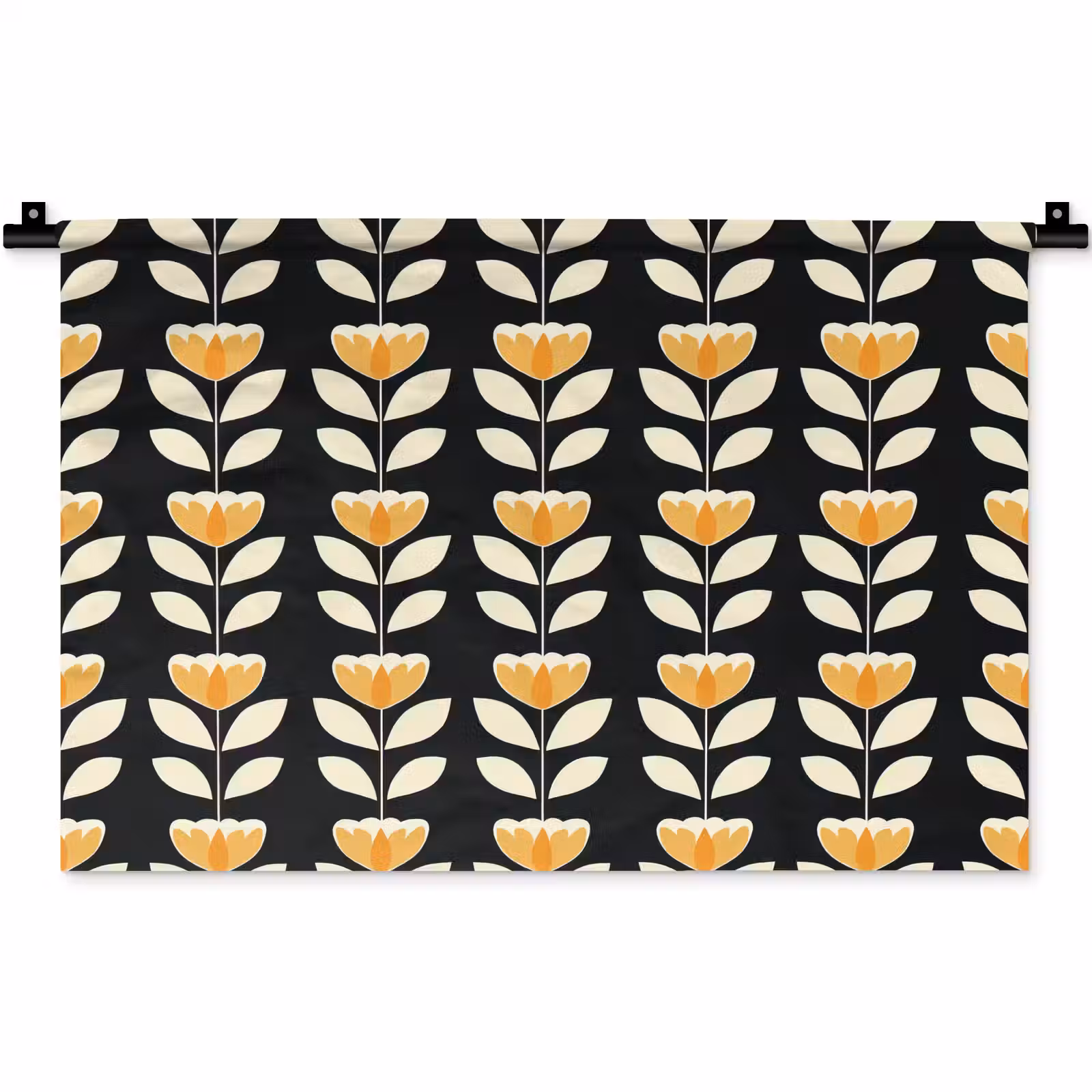 Wandkleed - Retro - Bloem - Zwart - Okergeel — 1