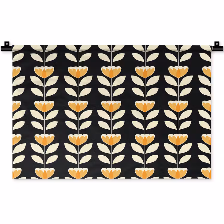 Wandkleed - Retro - Bloem - Zwart - Okergeel — 1
