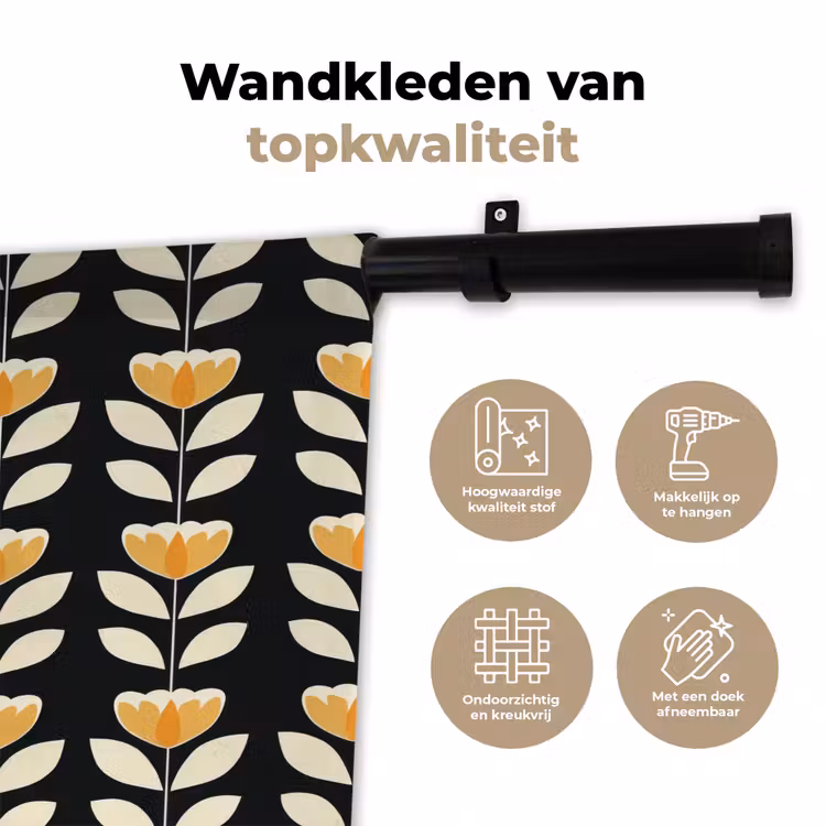 Wandkleed - Retro - Bloem - Zwart - Okergeel — 3