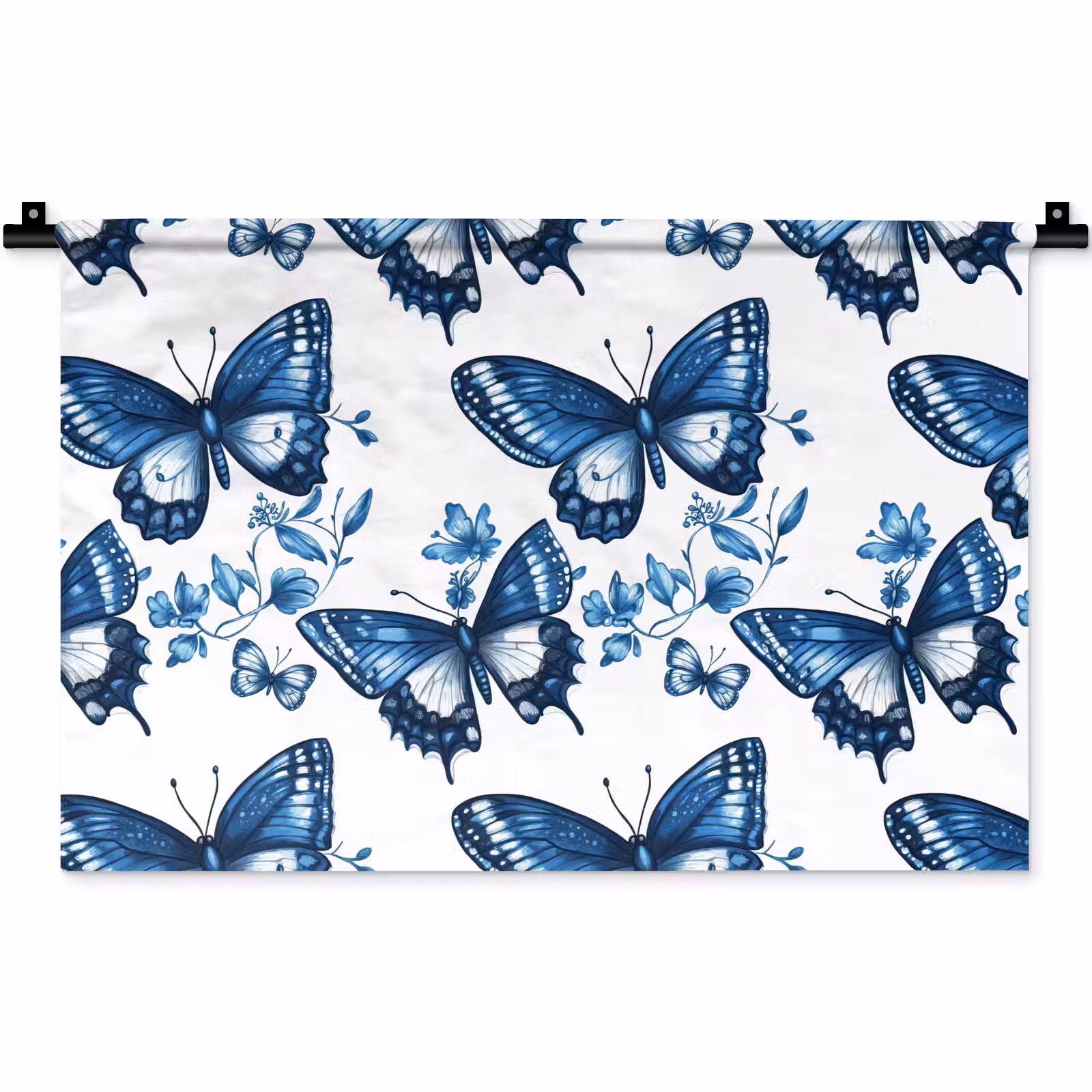 Wandkleed - Blauw - Vlinders - Bloemen - Wit — 1