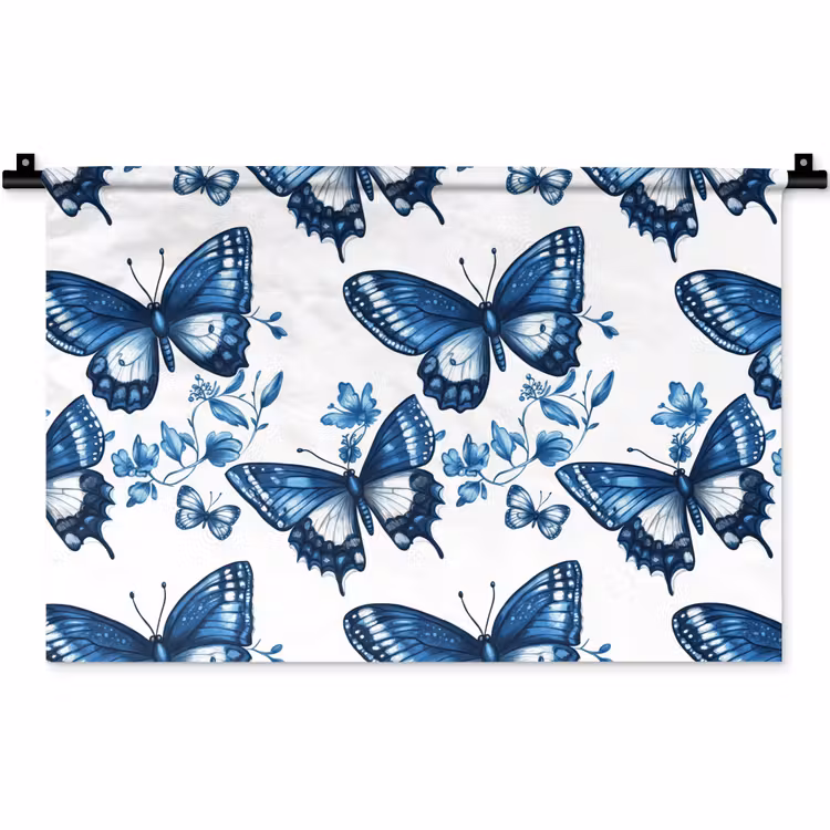 Wandkleed - Blauw - Vlinders - Bloemen - Wit — 1