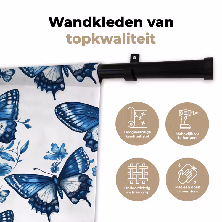 Wandkleed - Blauw - Vlinders - Bloemen - Wit — 3