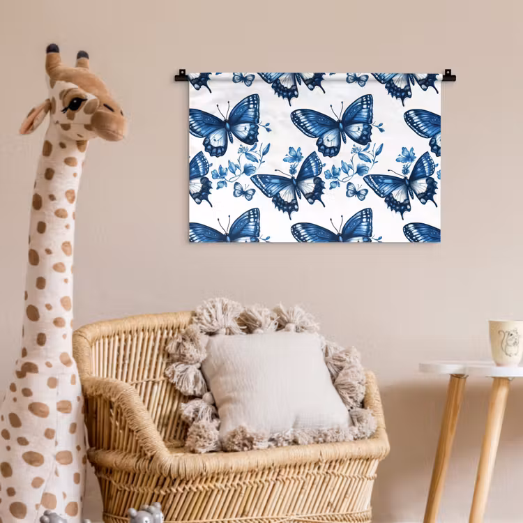 Wandkleed - Blauw - Vlinders - Bloemen - Wit — 5
