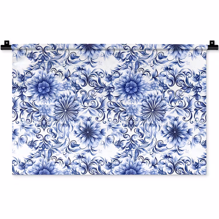 Wandkleed - Bloemen - Blauw - Patroon - Wit — 1