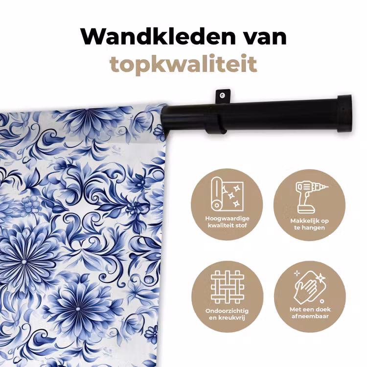 Wandkleed - Bloemen - Blauw - Patroon - Wit — 3
