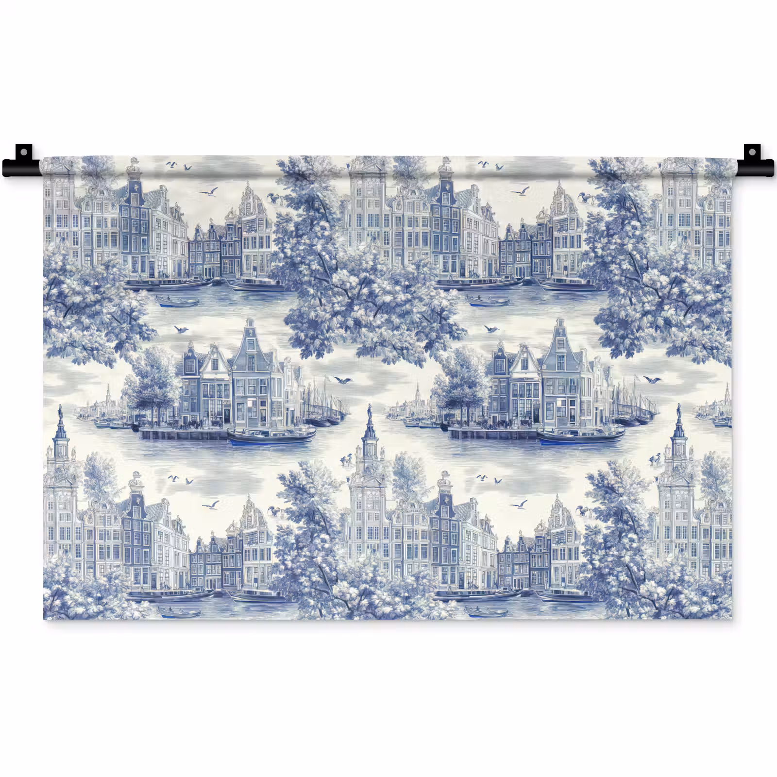 Wandkleed - Huizen - Bomen - Water - Vogels - Blauw — 1