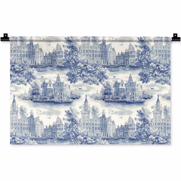 Wandkleed - Huizen - Bomen - Water - Vogels - Blauw — 1