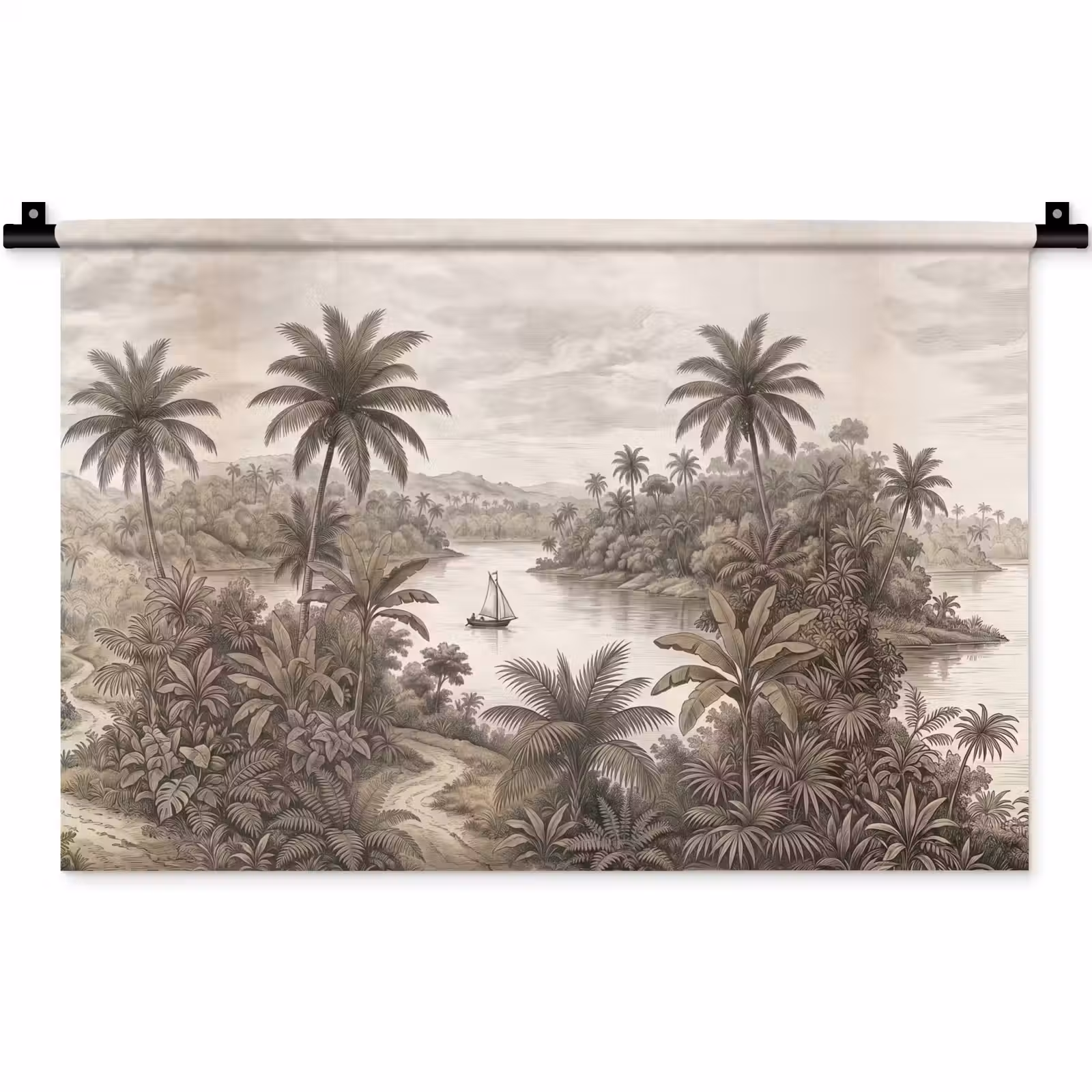 Wandkleed - Landschap - Rivier - Boot - Tropisch - Vintage — 1