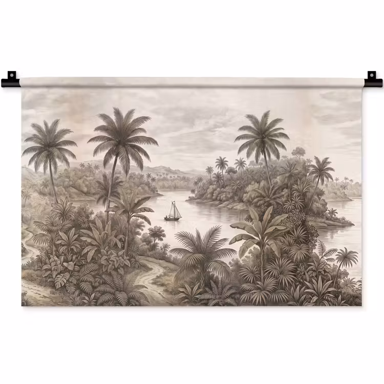Wandkleed - Landschap - Rivier - Boot - Tropisch - Vintage — 1