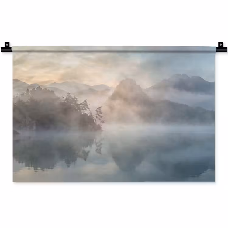 Wandkleed - Landschap - Bergen - Mist - Water - Natuur — 1