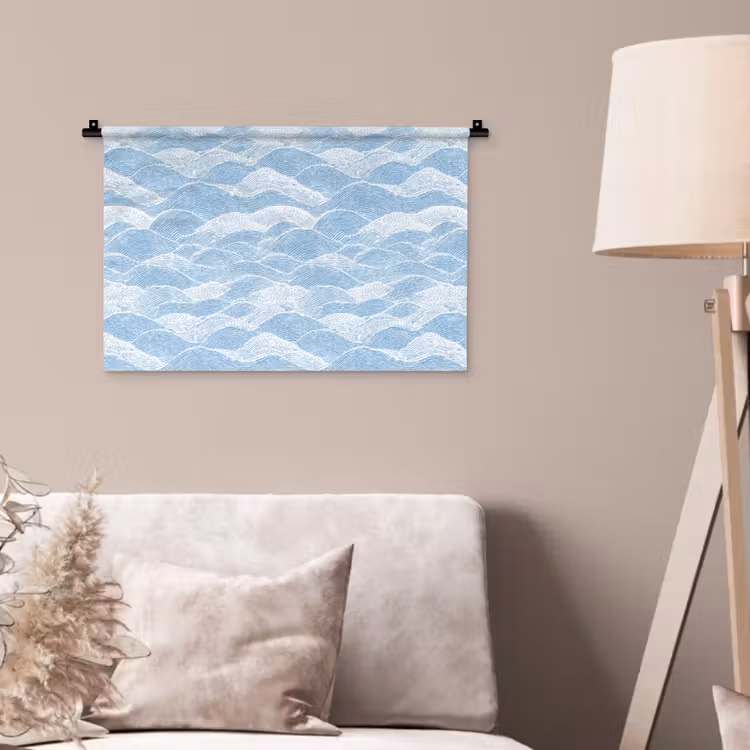 Wandkleed - Blauw - Wit - Golven - Getekend — 2