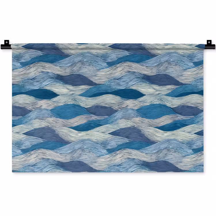 Wandkleed - Getekend - Blauw - Wit - Golvend - Streepjes — 1