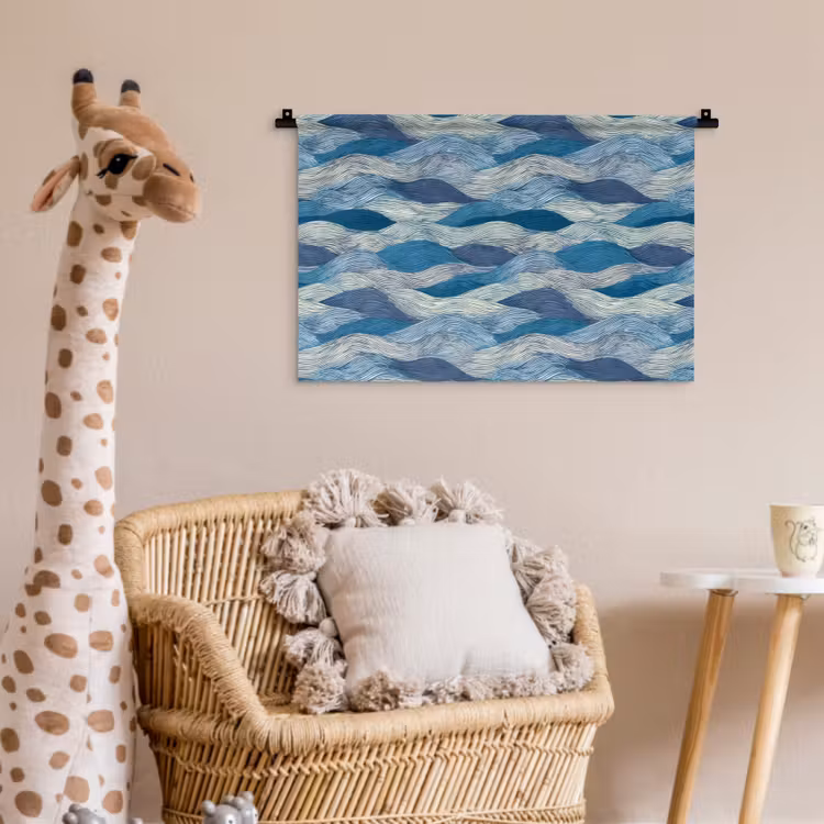 Wandkleed - Getekend - Blauw - Wit - Golvend - Streepjes — 5