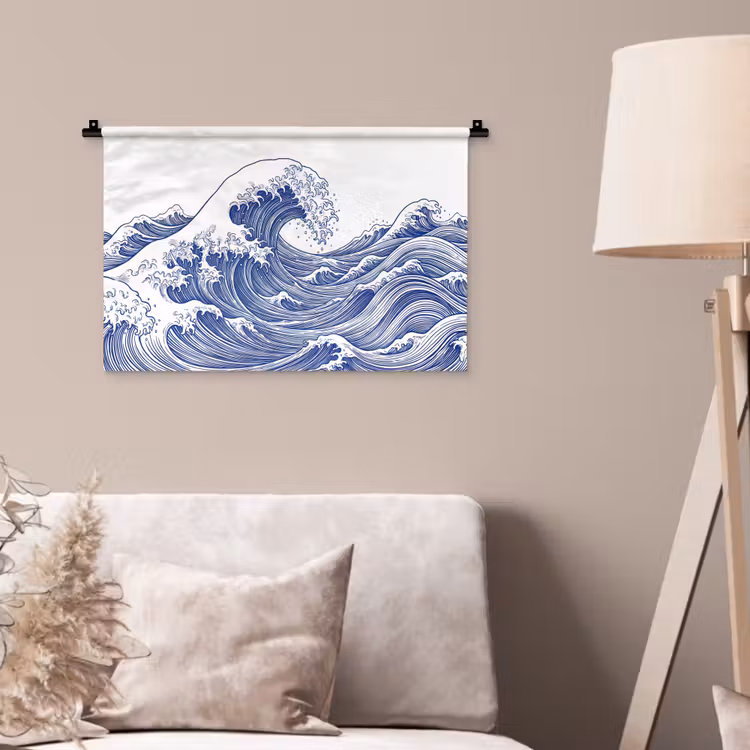 Wandkleed - Golf - Japans - Zee - Illustratie - Blauw — 2
