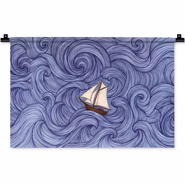 Wandkleed - Schip - Golven - Zee - Illustratie - Blauw — 1