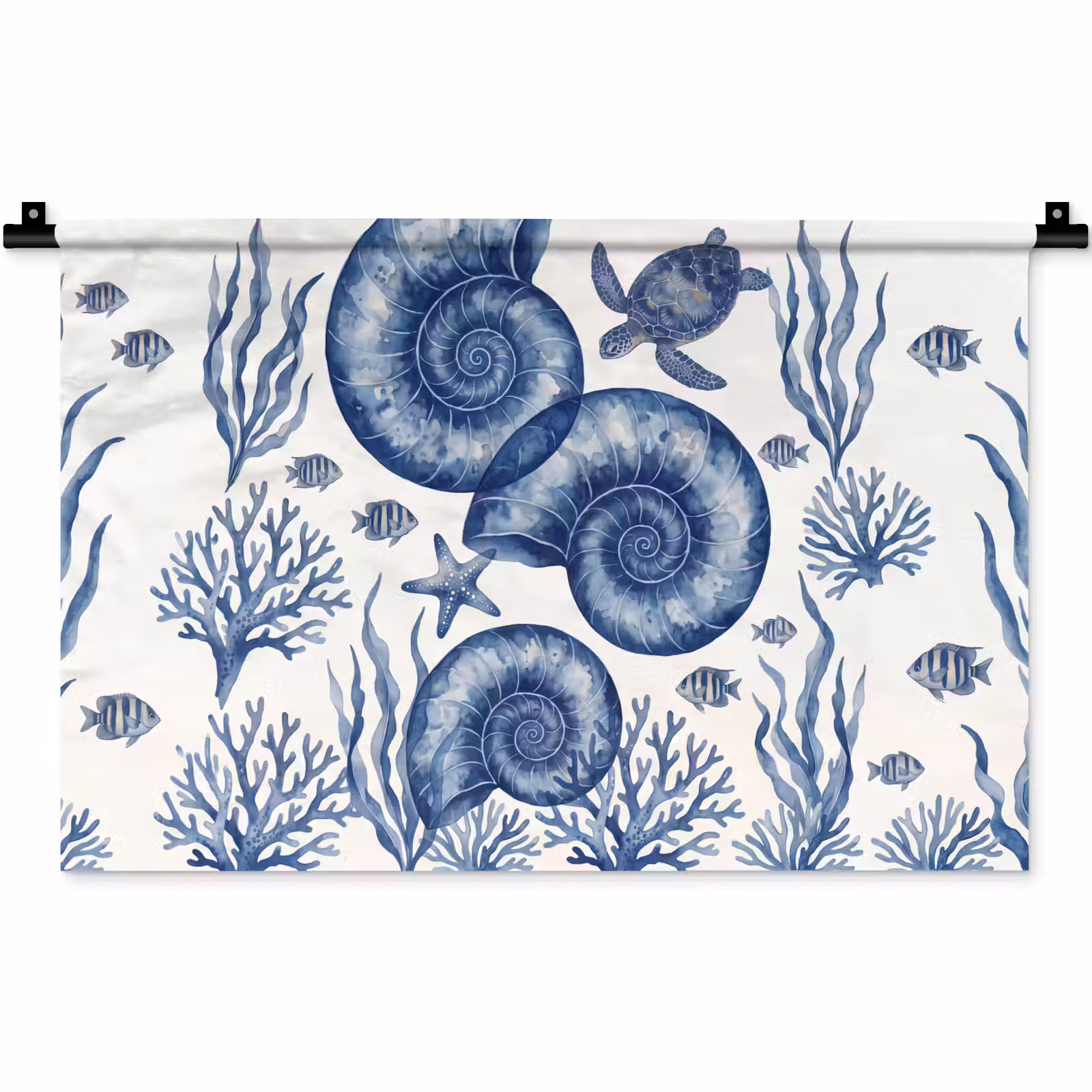 Wandkleed - Schelp - Spiraal - Zeeleven - Aquarel - Blauw — 1