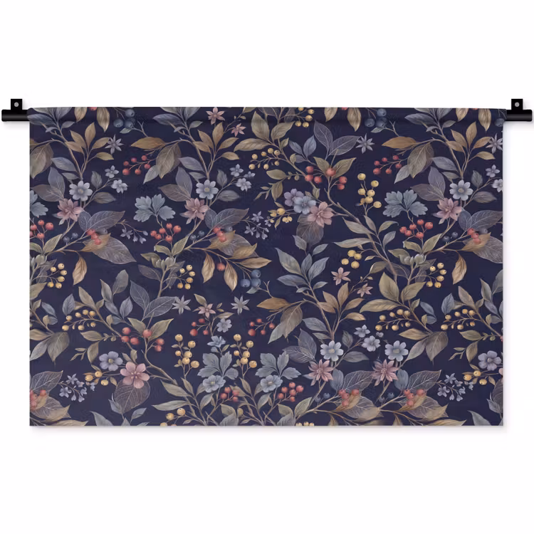 Wandkleed - Bloemen - Bladeren - Patroon - Botanisch - Donkerblauw — 1
