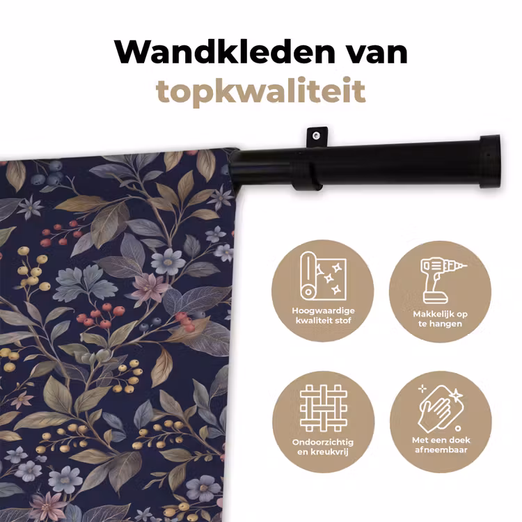 Wandkleed - Bloemen - Bladeren - Patroon - Botanisch - Donkerblauw — 3