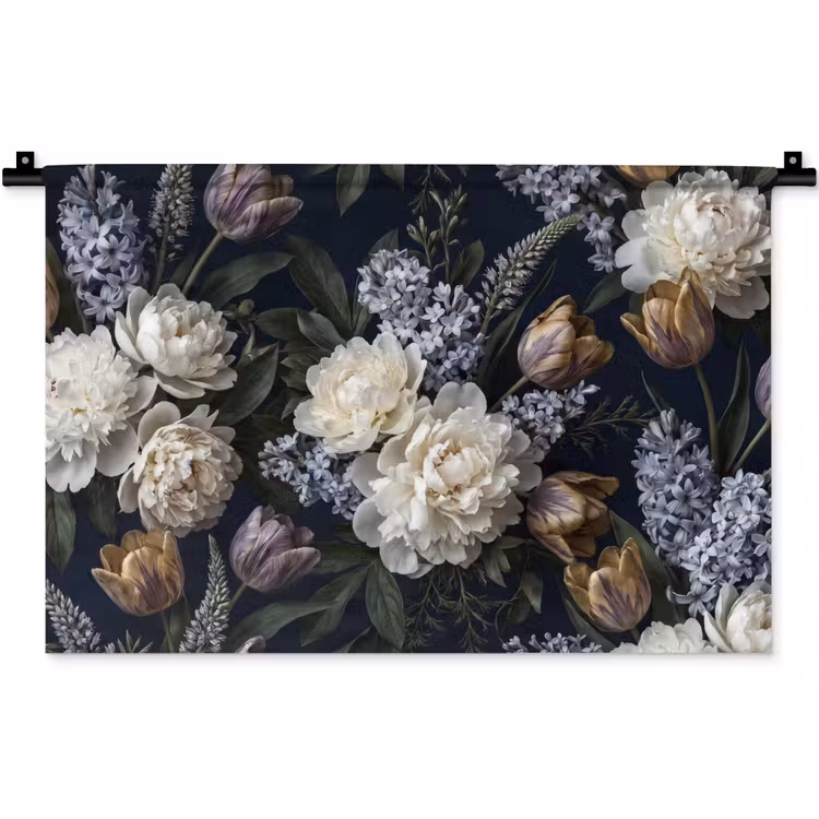 Wandkleed - Bloemen - Donker - Elegant - Natuur - Wit — 1