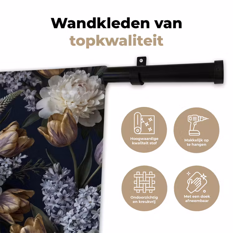 Wandkleed - Bloemen - Donker - Elegant - Natuur - Wit — 3