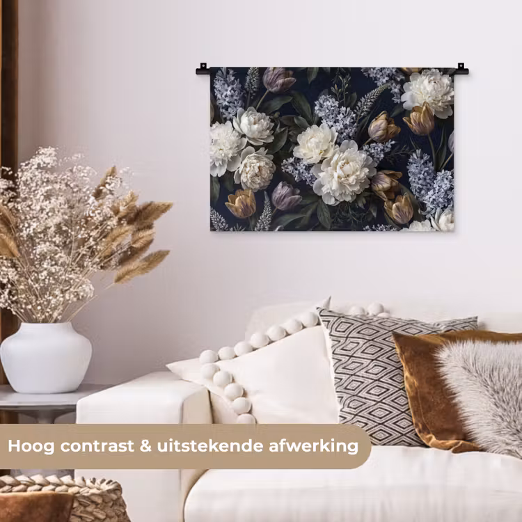 Wandkleed - Bloemen - Donker - Elegant - Natuur - Wit — 4