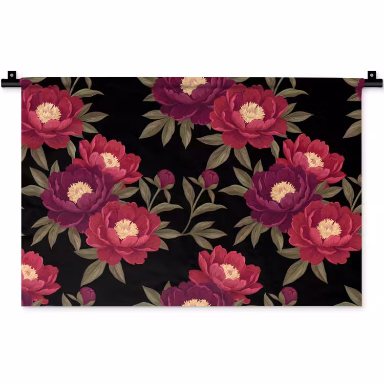 Wandkleed - Bloemen - Patroon - Botanisch - Rood - Zwart — 1