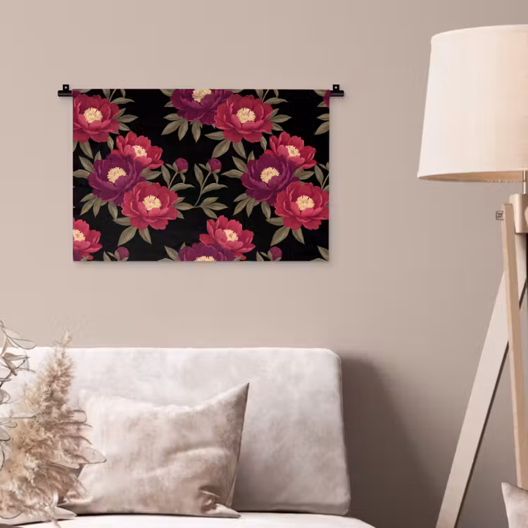 Wandkleed - Bloemen - Patroon - Botanisch - Rood - Zwart — 2