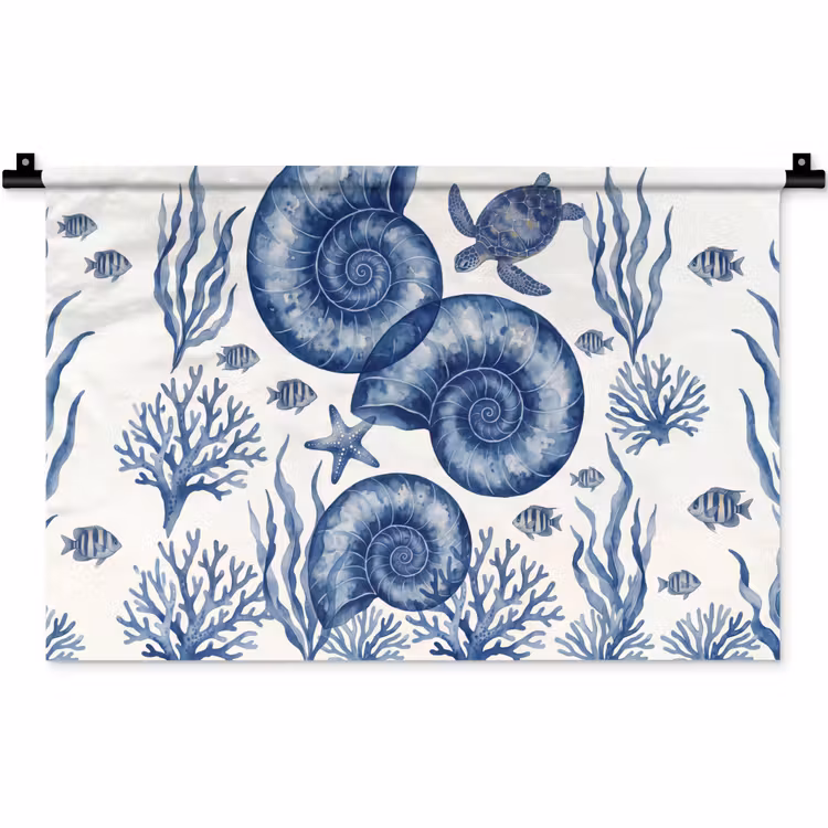 Wandkleed - Schelp - Spiraal - Zeeleven - Aquarel - Blauw — 1