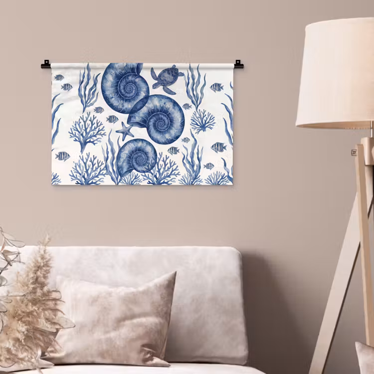 Wandkleed - Schelp - Spiraal - Zeeleven - Aquarel - Blauw — 2