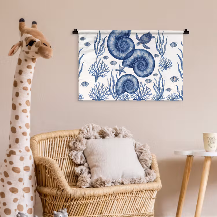 Wandkleed - Schelp - Spiraal - Zeeleven - Aquarel - Blauw — 5