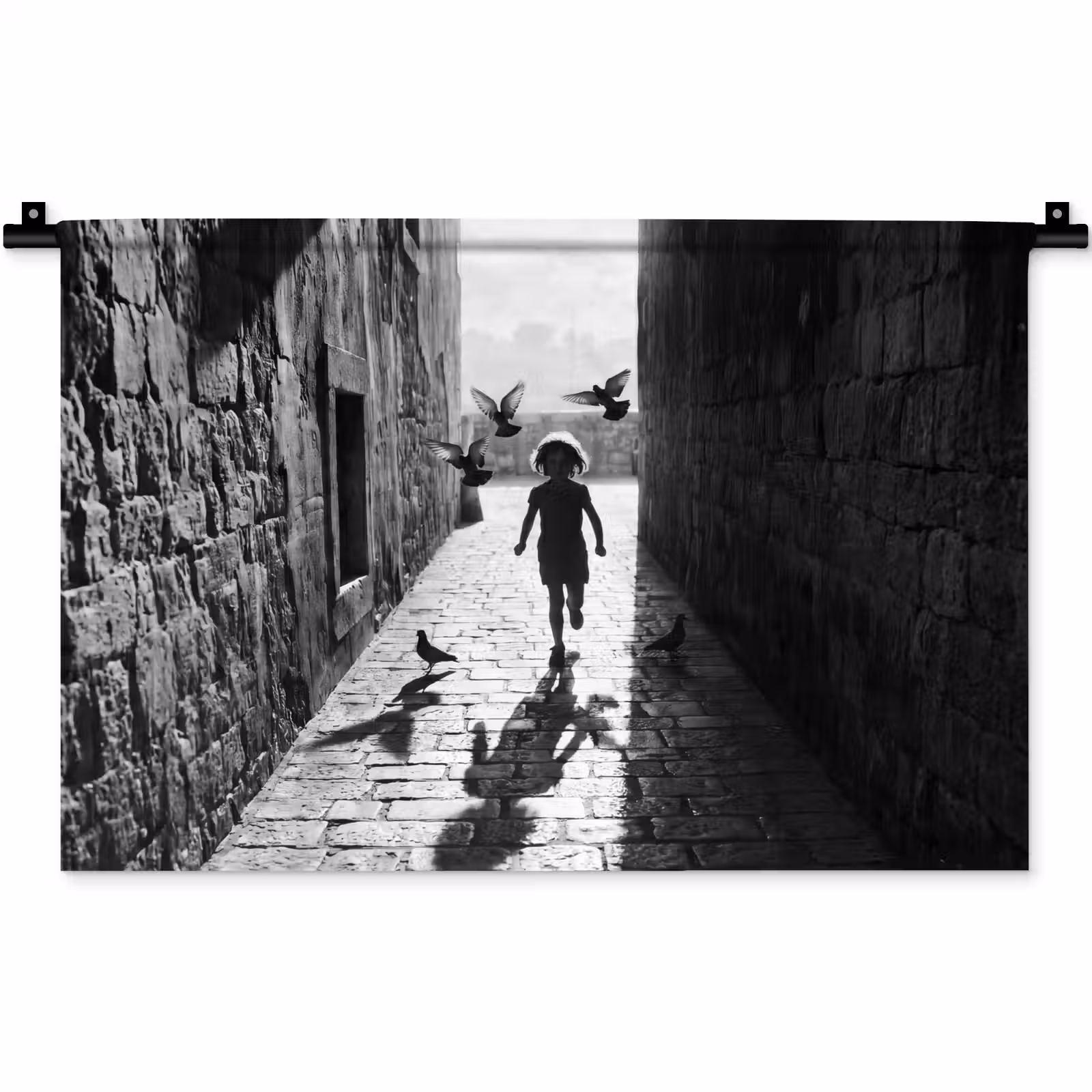 Wandkleed - Kind - Vogel - Straat - Zwart-wit - Spelen — 1