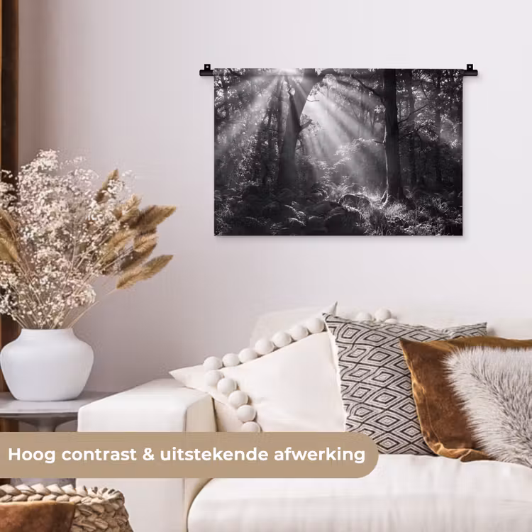 Wandkleed - Bos - Lichtstralen - Natuur - Zwart-wit — 4