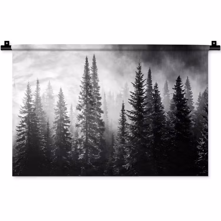Wandkleed - Bos - Mist - Winter - Monochroom - Natuur — 1