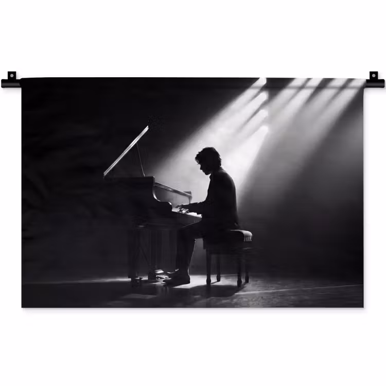 Wandkleed - Persoon - Piano - Muziek - Zwart-wit - Podium — 1
