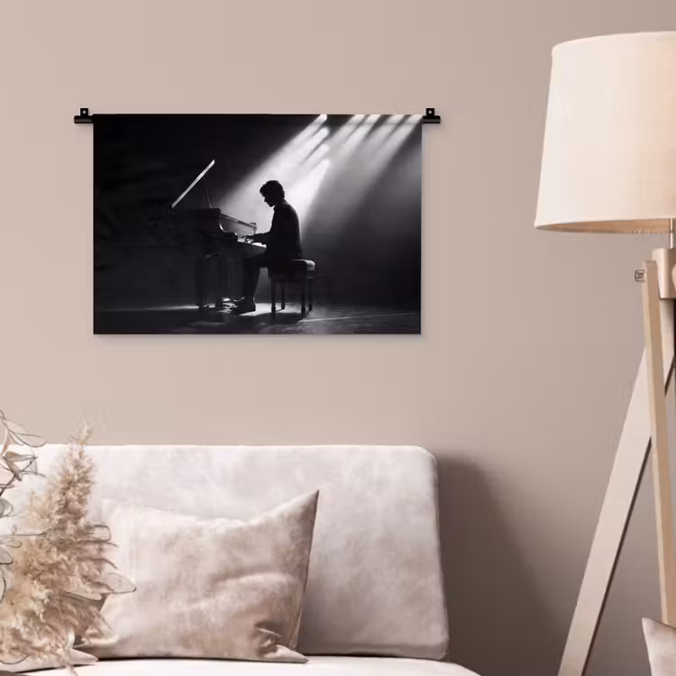 Wandkleed - Persoon - Piano - Muziek - Zwart-wit - Podium — 2