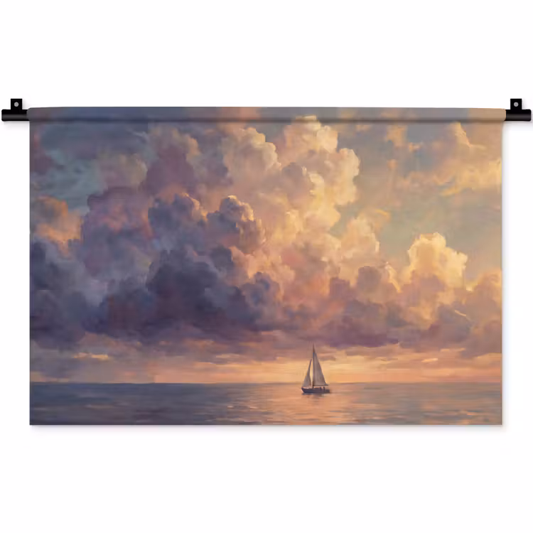 Wandkleed - Boot - Zonsondergang - Zee - Natuur - Goud — 1