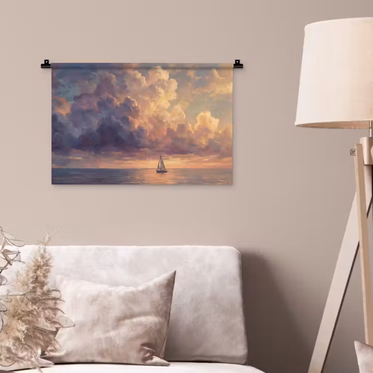 Wandkleed - Boot - Zonsondergang - Zee - Natuur - Goud — 2