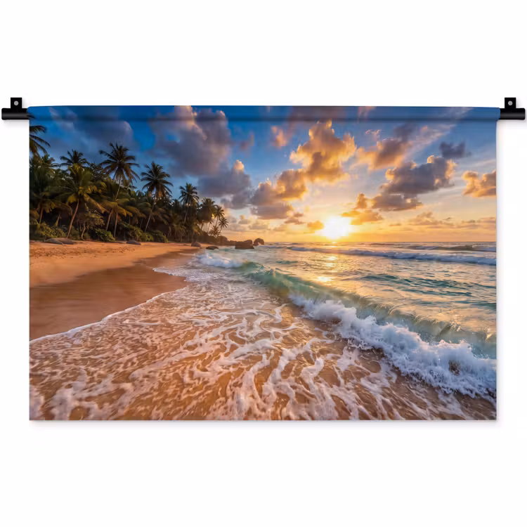Wandkleed - Strand - Zonsondergang - Golven - Natuur - Goud — 1