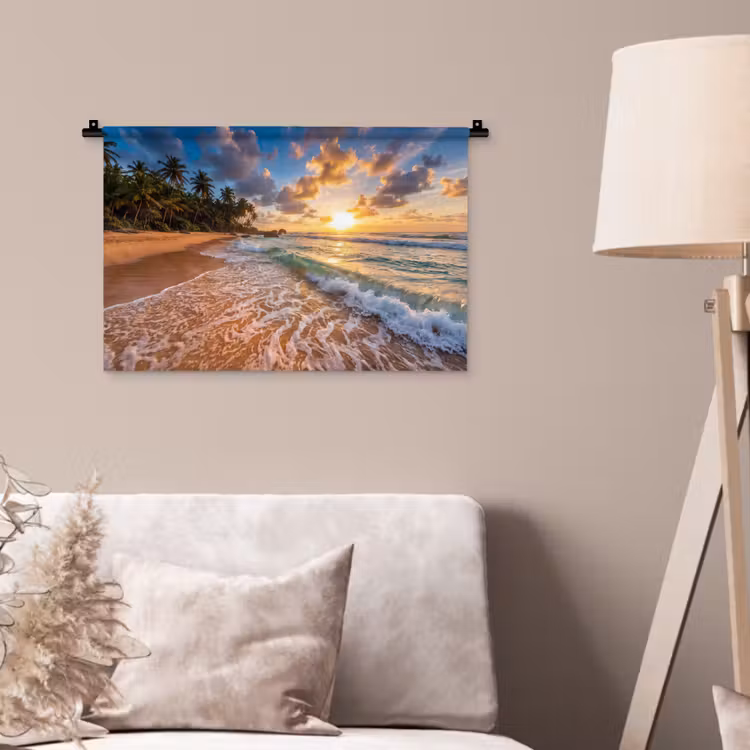 Wandkleed - Strand - Zonsondergang - Golven - Natuur - Goud — 2