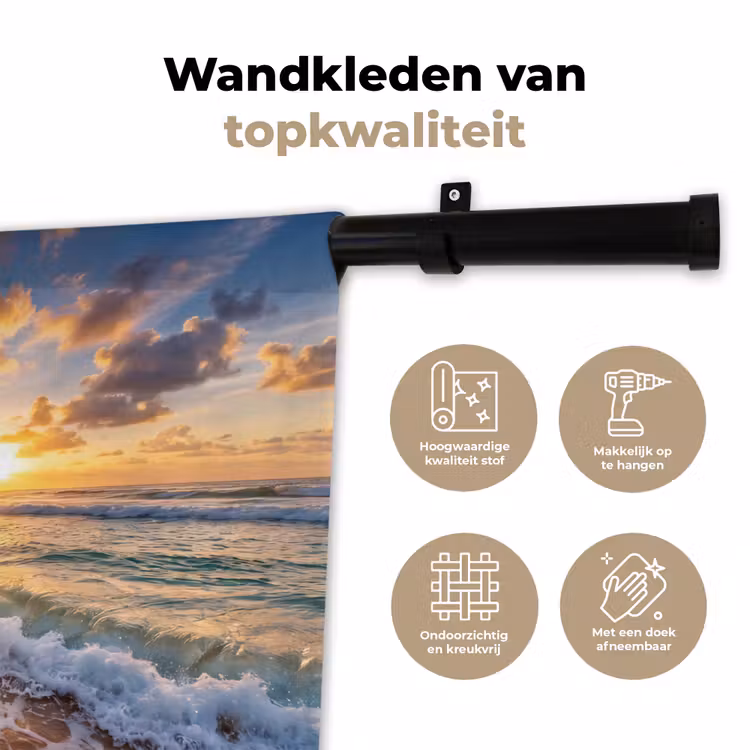 Wandkleed - Strand - Zonsondergang - Golven - Natuur - Goud — 3