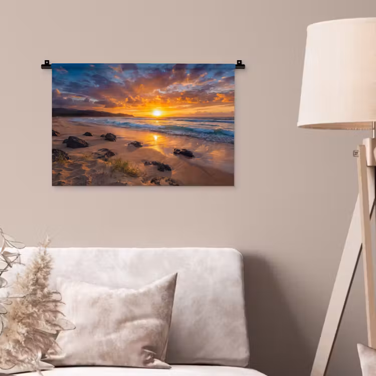 Wandkleed - Strand - Zonsondergang - Golven - Natuur - Oranje — 2