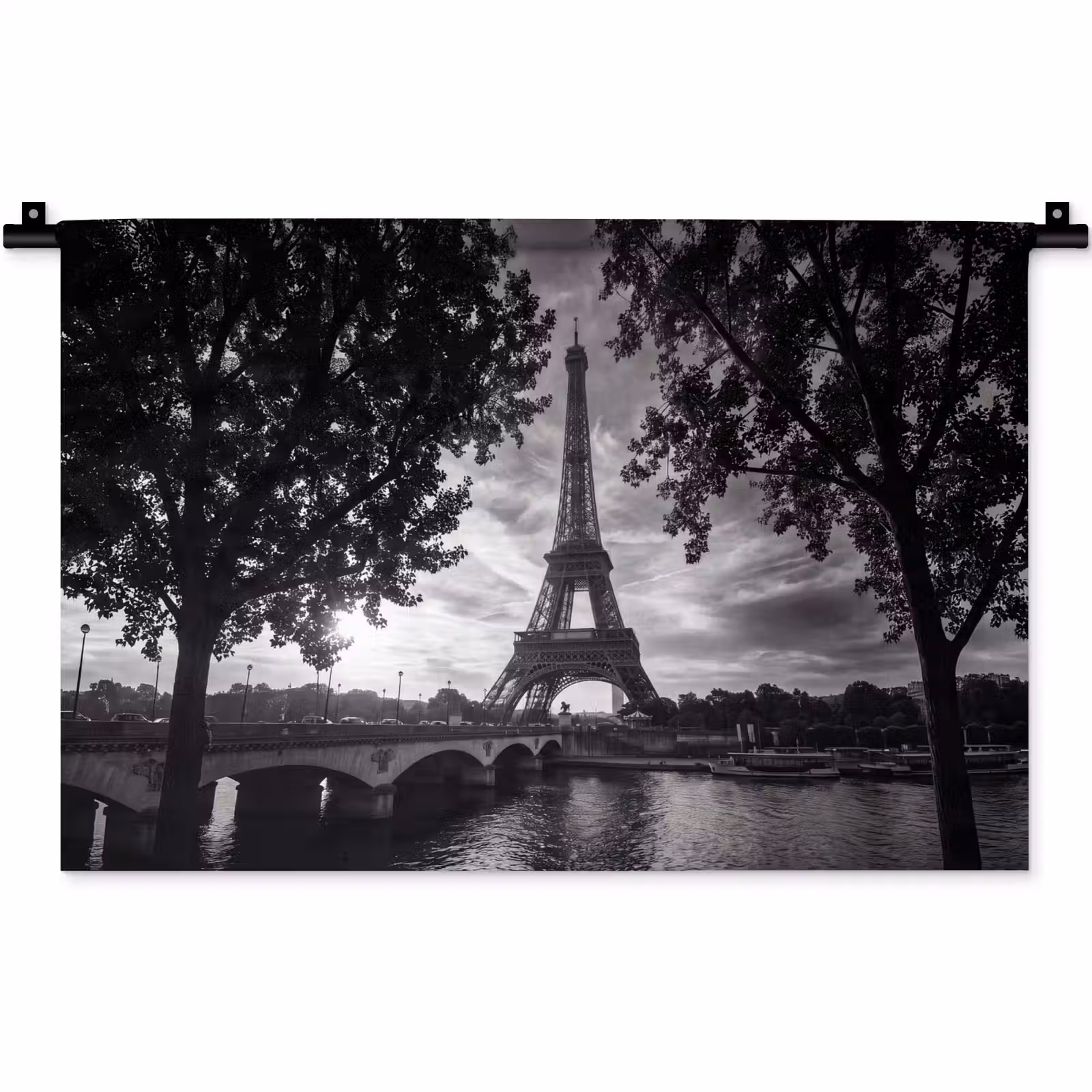 Wandkleed - Eiffeltoren - Parijs - Rivier - Architectuur - Zwart-wit — 1