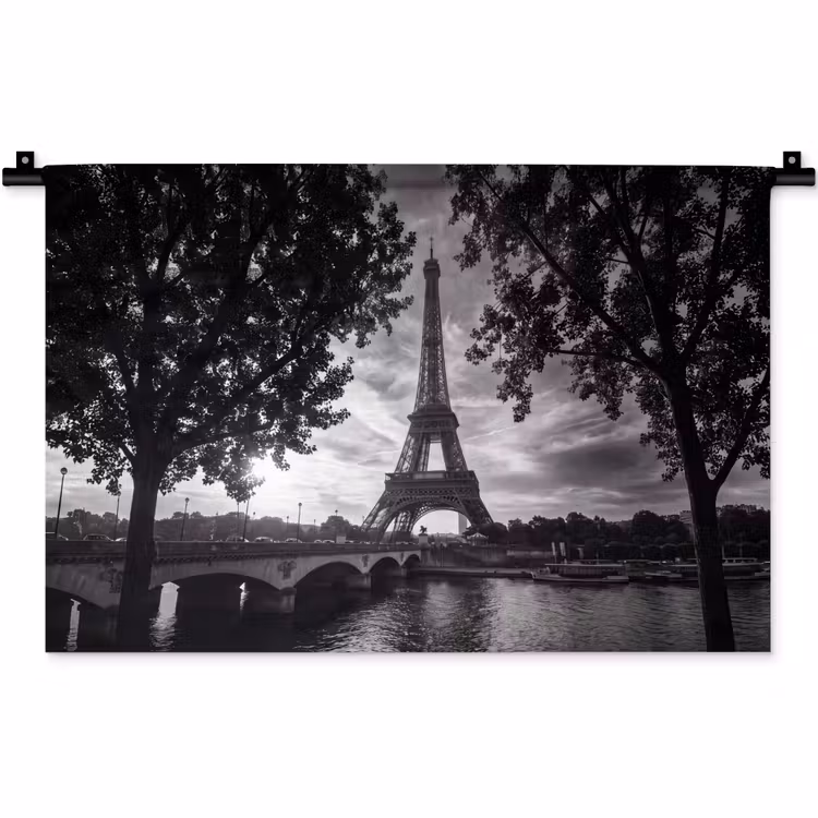 Wandkleed - Eiffeltoren - Parijs - Rivier - Architectuur - Zwart-wit — 1