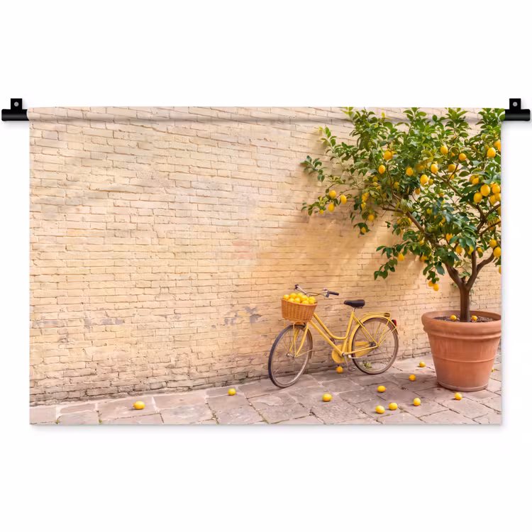 Wandkleed - Fiets - Mand - Eten - Geel - Zomer — 1