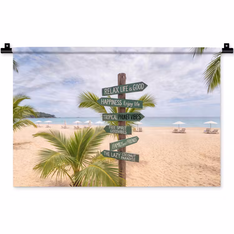Wandkleed - Strand - Wegwijzer - Palmen - Tropisch - Groen — 1