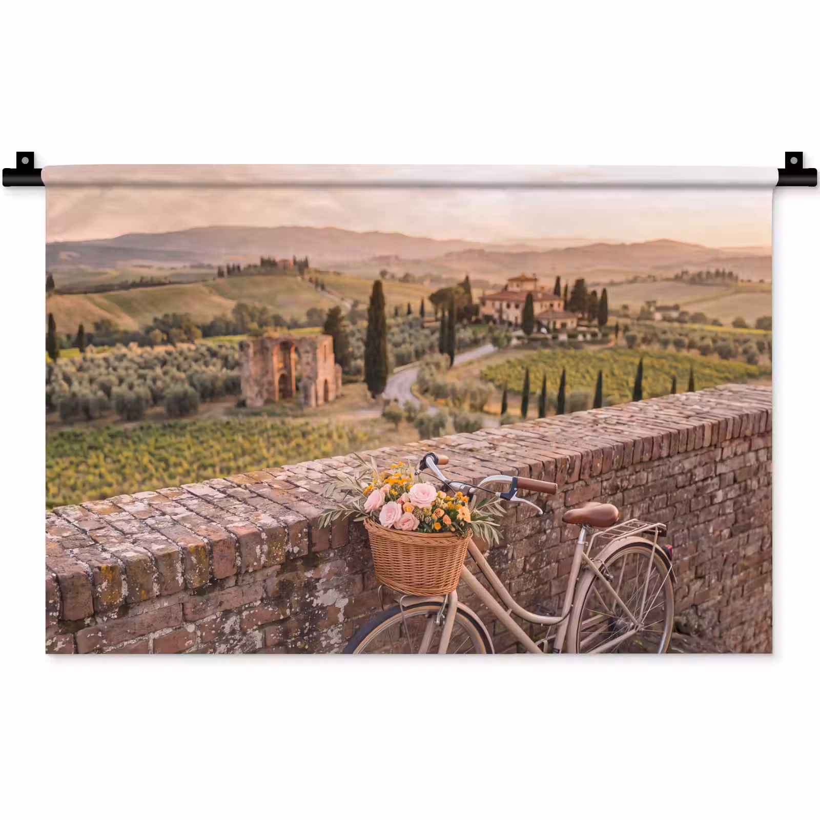 Wandkleed - Fiets - Bloemen - Toscane - Landschap - Roze — 1