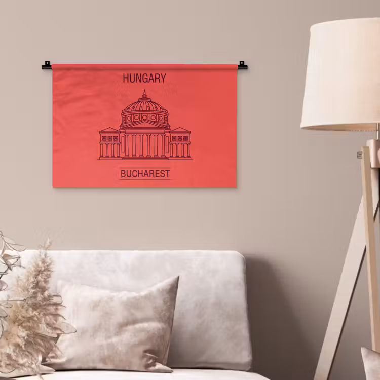 Wandkleed - Architectuur - Boekarest - Stedelijk - Lijntekening - Rood — 2