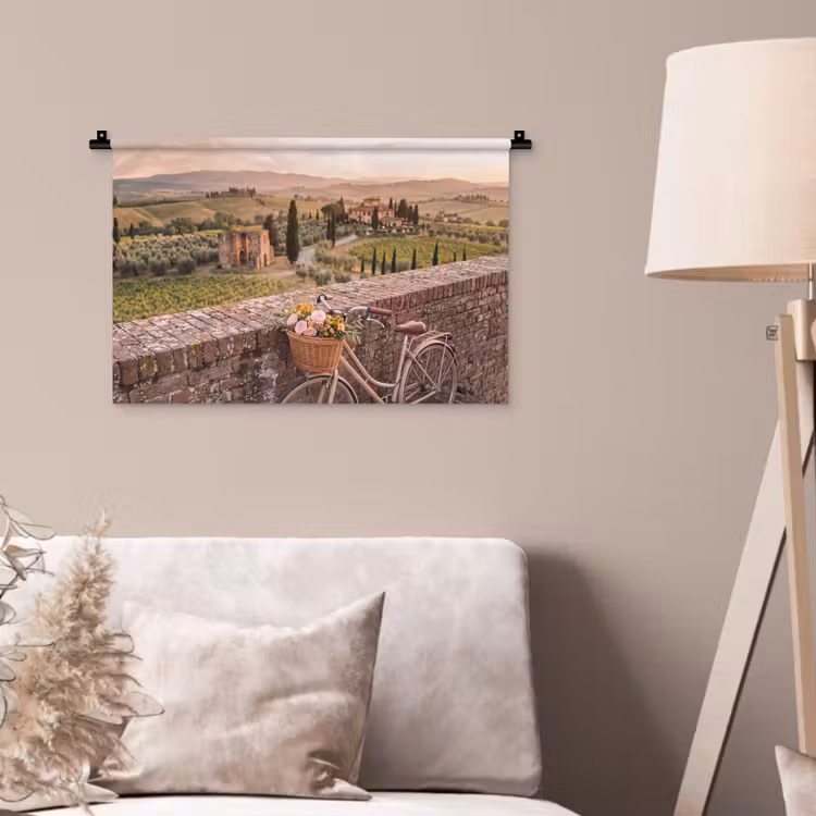 Wandkleed - Fiets - Bloemen - Toscane - Landschap - Roze — 2