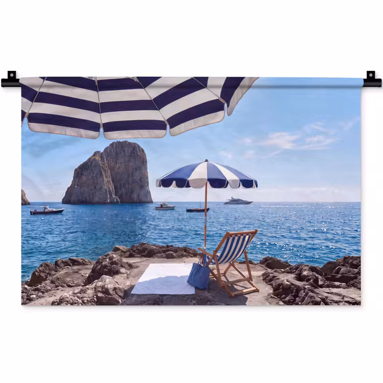 Wandkleed - Strand - Ligstoel - Parasol - Zomer - Blauw — 1