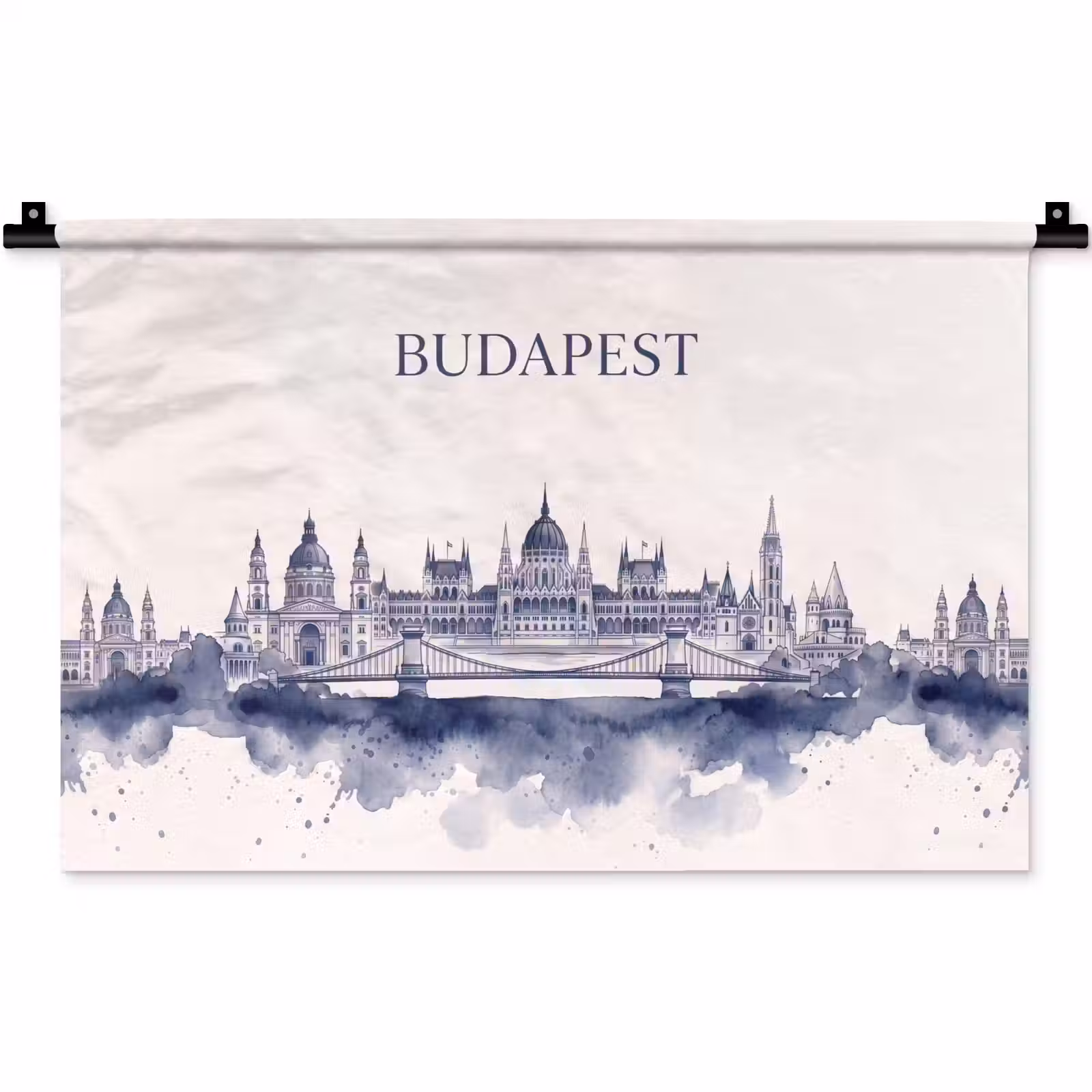 Wandkleed - Boedapest - Skyline - Architectuur - Aquarel - Blauw — 1